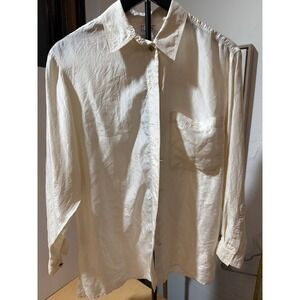 TESS Vintage 100% Silk Button Down Shirt Cream Ivory Long Sleeve Blouse Small